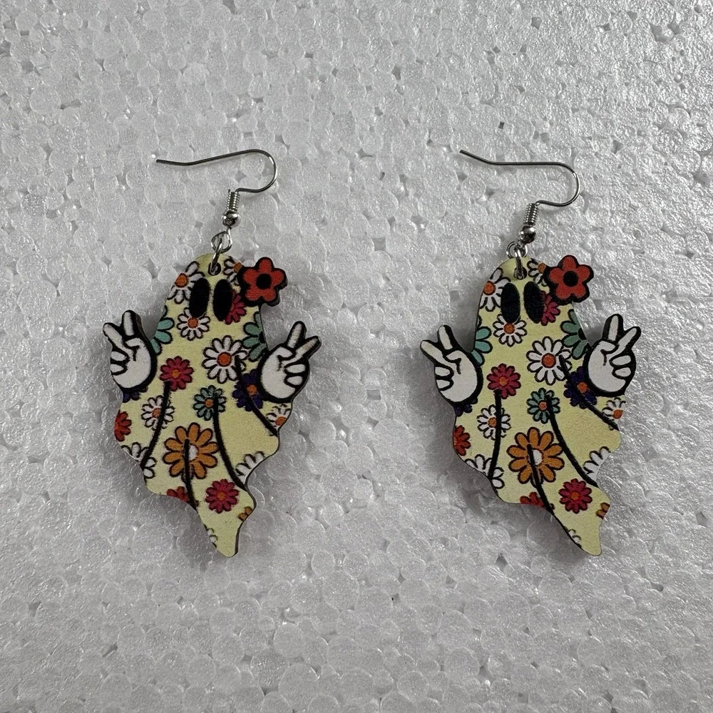 Flower Power Ghost Earrings Peace Sign‎ Wooden Dangle Boho Retro 70s Halloween